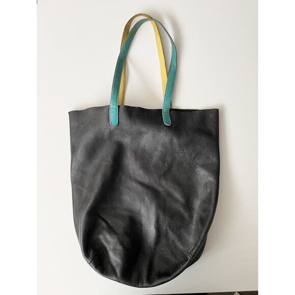 BAGGU Handbags - BAGGU Leather Tote Bag Purse Multicolored Navy Teal Yellow Genuine Milled